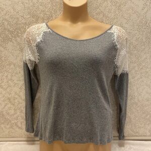 White House Black Market Heather Gray Lace Accent Long Sleeve Top